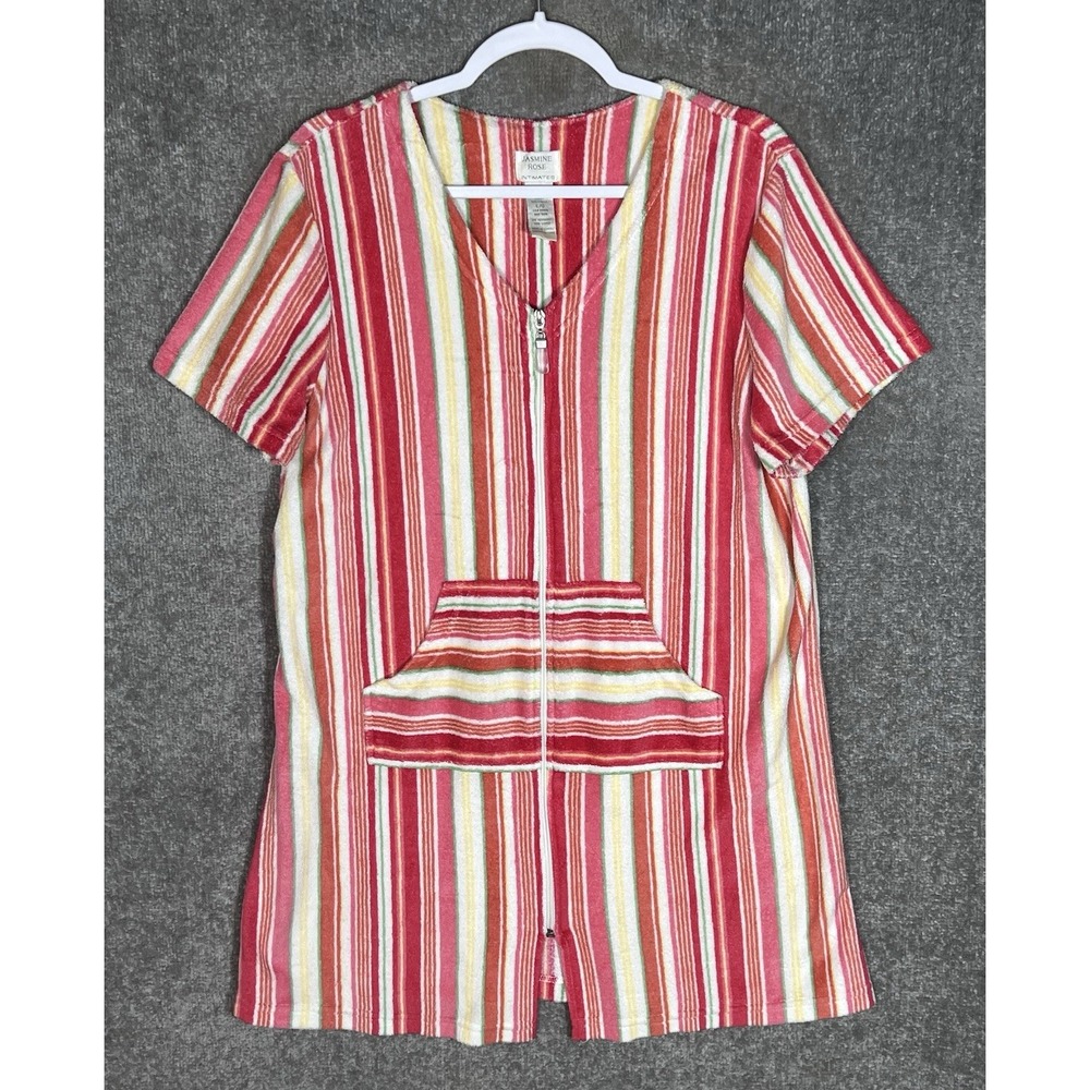 Jasmine Rose Intimates Short Terry Robe Womens Sz L Red Pink Stripe Pockets Zip